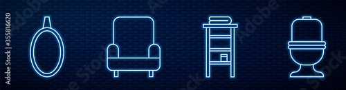 Set line Bathroom rack with shelves for towels, Mirror, Armchair and Toilet bowl. Glowing neon icon on brick wall. Vector