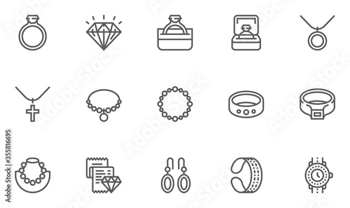 Jewelry Vector Flat Line Icons Set. Contains Ring, Necklace, Bracelet, Diamond and more. Editable Stroke. 48x48 Pixel Perfect.