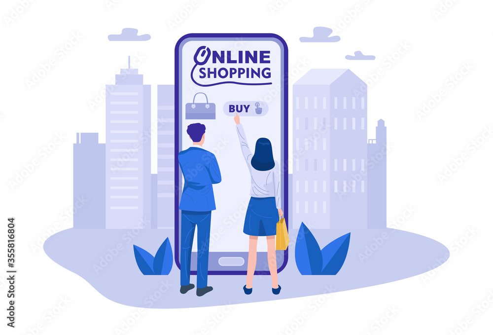 Obraz premium A couple shopping online using smartphone. Vector