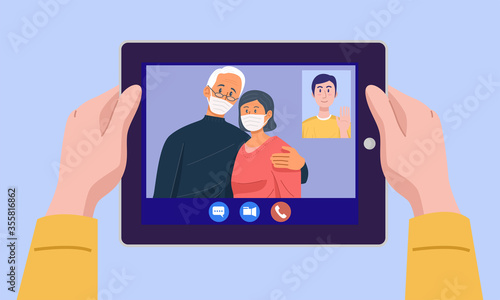 Top view of a man having video conference on tablet with his parent at home. Vector