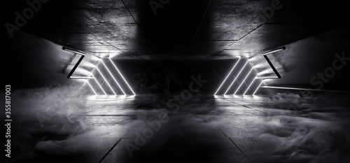 Smoke Fog Neon Glowing Laser White Beams Pillars Concrete Grunge Tiled Floor Alien Spaceship Cyber Tunnel Corridor Dark NIght Warehouse 3D Rendering