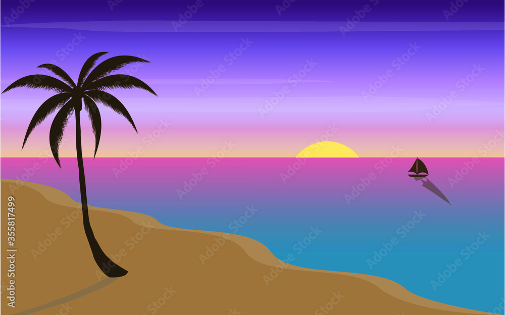 Beautiful sunset beach with palm trees sea view vector design