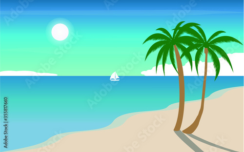 summer beach with palm trees fresh view. 
