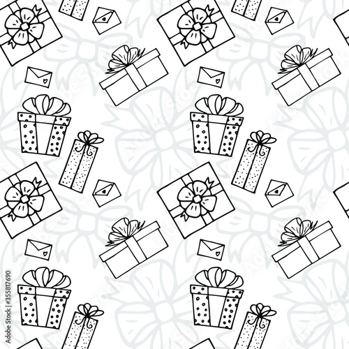 Birthday Gift Box Present Vector Illustration Seamless Print Pattern Outline Doodle Sketch Isolated Elements Whtite Background photo