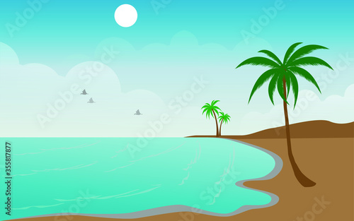 Fototapeta Naklejka Na Ścianę i Meble -  beautiful view of sandy beach and a palm tree and blueish sunrise background 