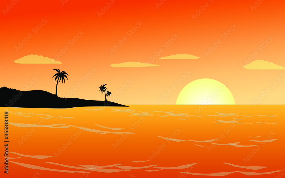 Beautiful sunset beach with palm trees sea view vector design Beautiful sunset beach with palm trees sea view vector design