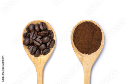 Closeup roasted coffee bean, instant finely coffe dust powder in wooden spoon isolated on white background. Top view. Flat lay.