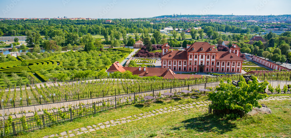 View of Prague with Troja castle from vineyards at botanical garden