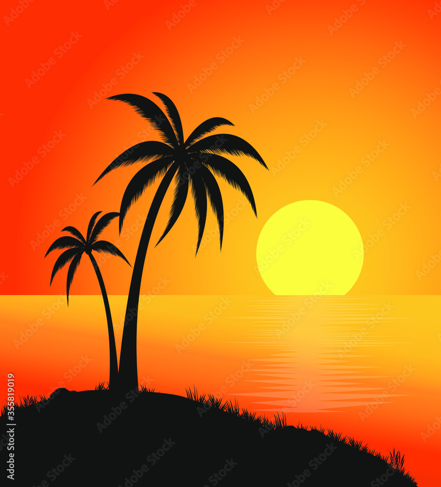 Beautiful sunset beach with palm trees sea view vector design