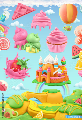 Sweet candy land. 3d vector object set. Plasticine art illustration