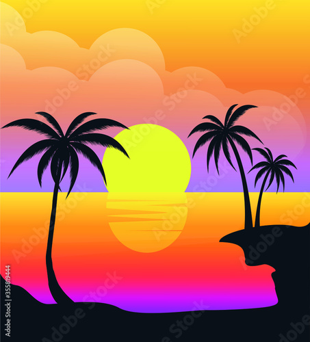 Beautiful sunset beach with palm trees sea view vector design