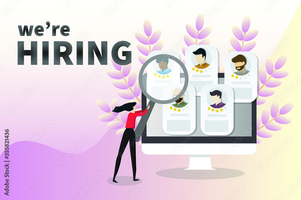 woman is holding magnifying glass to finding the candidates from resume on website woman is holding magnifying glass to finding the candidates from resume on website