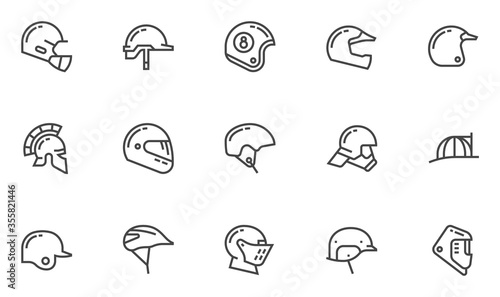 Helmets Vector Line Icons Set. Construction helmet, motorcycle helmet, hard hat. Editable stroke. Perfect pixel icons, such can be scaled to 24, 48, 96 pixels. photo