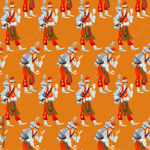 Turkish street seller in folk costume sells traditional drink (hot tea, sherbet, shira grape juice). Seamless background pattern.