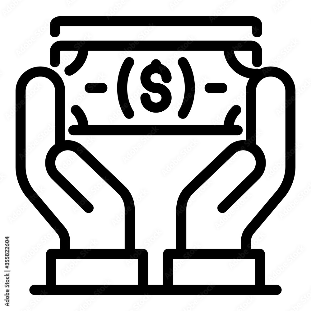 Money in hands icon. Outline money in hands vector icon for web design isolated on white background