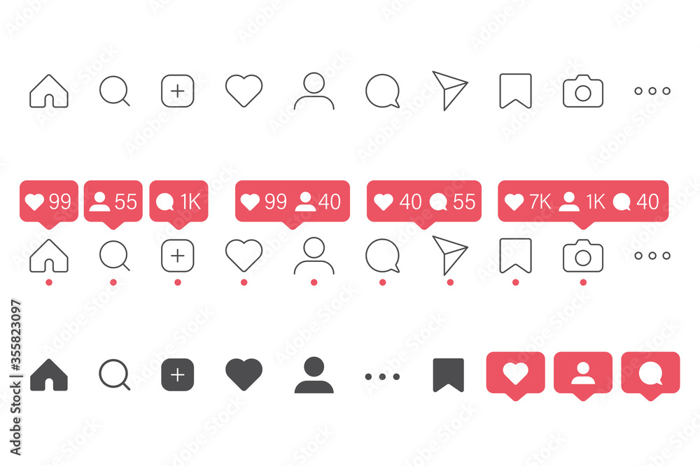 social media icon vector set. instagram style. share like heart message  bubble chat sign symbol. love web. communication network. white background.  outline modern design. isolated stock. Stock Vector | Adobe Stock