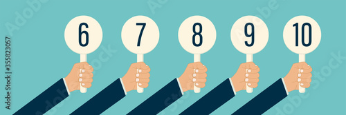  judge hand holding score card vector illustration. scorecard number for competition jury vote set. panel icon up. isolated. white background. best grade achievement