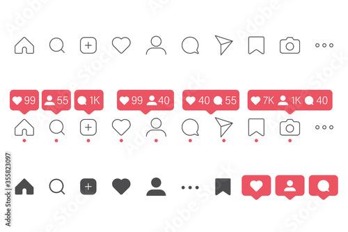 social media icon vector set. instagram style. share like heart message bubble chat sign symbol. love web. communication network. white background. outline modern design. isolated stock.