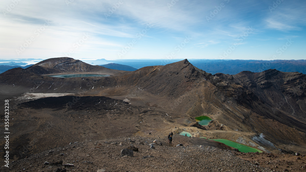 Panoramic view of Emerald lakes and Blue lake from the Red Crater on the Tongariro Alpine Crossing in New Zealand