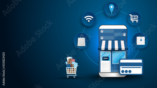 shopping online on smart phone laptop at stay home