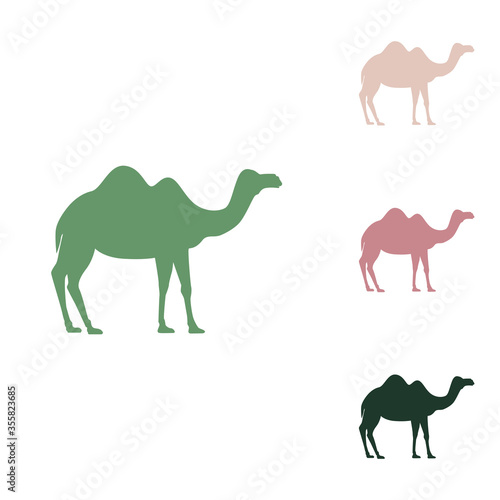Camel silhouette sign. Russian green icon with small jungle green  puce and desert sand ones on white background. Illustration.
