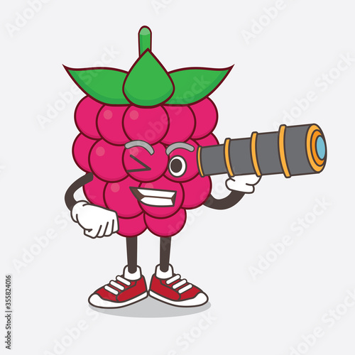 Raspberry Fruit cartoon mascot character using a monocular
