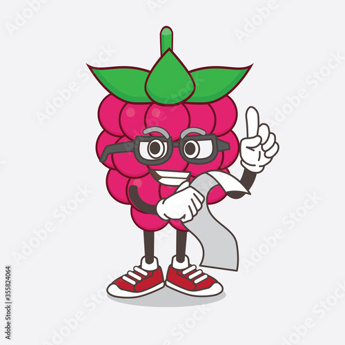 Raspberry Fruit cartoon mascot character using a monocular