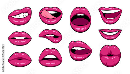Red female lips collection. Vector illustration of sexy woman's lips. Smile, kiss. Isolated on white background.