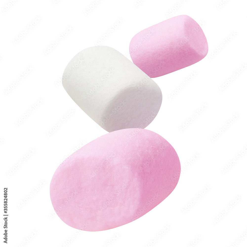 Flying delicious pink and white marshmallows, isolated on white background Flying delicious pink and white marshmallows, isolated on white background