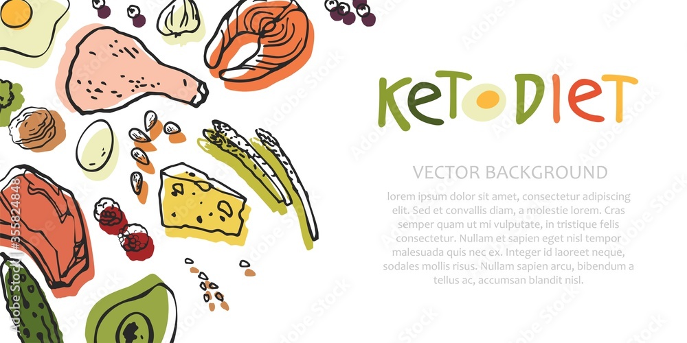 Horizontal poster with products of the ketogenic diet. Vegetables, meat, berries, fish hand-drawn with a black line on a white background. Banner about diets, healthy lifestyle. Vector illustration.