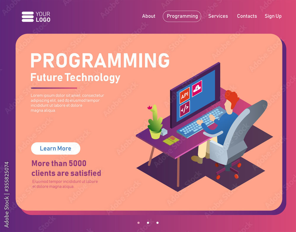 Programmer at work concept banner. Can use for web banner, infographics, hero images. Flat isometric vector illustration isolated on white background. Modern colorful landing page for programming