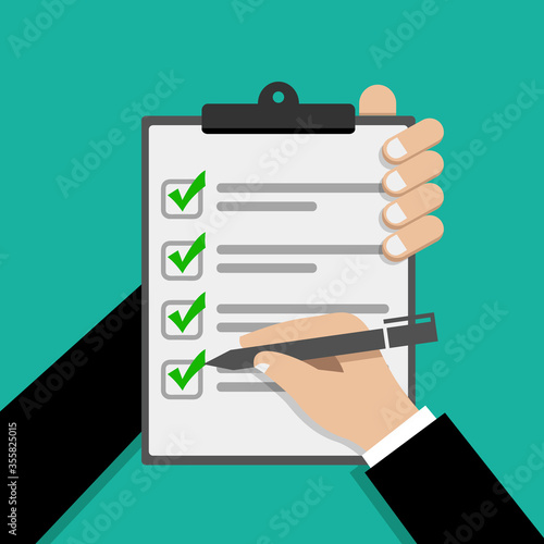 Businessman hands holding clipboard checklist with pen in a flat design.Vector illustration.
