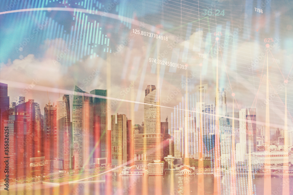 Forex chart on cityscape with skyscrapers wallpaper multi exposure. Financial research concept. Forex chart on cityscape with skyscrapers wallpaper multi exposure. Financial research concept.