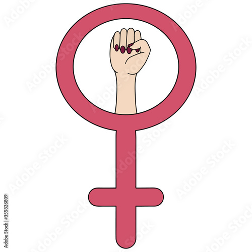 Feminine hands. Symbol of the feminist movement. A clenched fist in the mirror of Venus. The struggle for the rights of women around the world. Vector illustration on an isolated white background. 