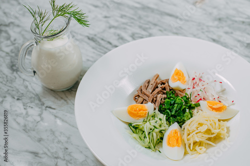 ingredients for cooking russian okroshka dish in a white plate on a marble table