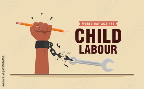 World day against child labour background with children as a worker. Flat style vector illustration concept of stop child exploitation campaign for poster and banner.