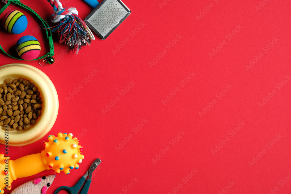 Pet store banner mockup. Flat lay accessories for cat and dog and dry food in bowl on red background. Pet care and training concept Pet store banner mockup. Flat lay accessories for cat and dog and dry food in bowl on red background. Pet care and training concept