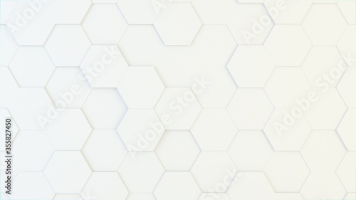 Abstract geometric background of randomly extruded big white hexagons, 3D render illustration