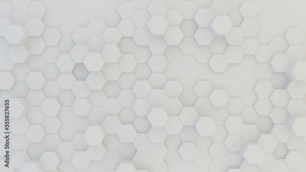 Abstract geometric background of randomly extruded white hexagons, 3D render illustration Abstract geometric background of randomly extruded white hexagons, 3D render illustration