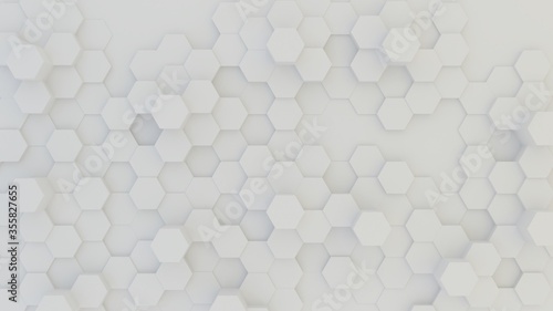 Abstract geometric background of randomly extruded white hexagons, 3D render illustration