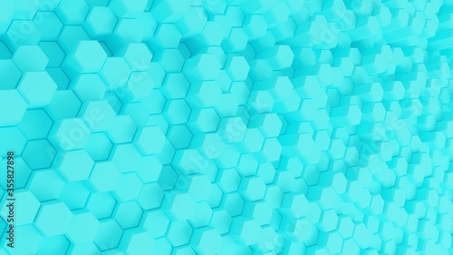 Abstract geometric background of randomly extruded blue hexagons, 3D render illustration