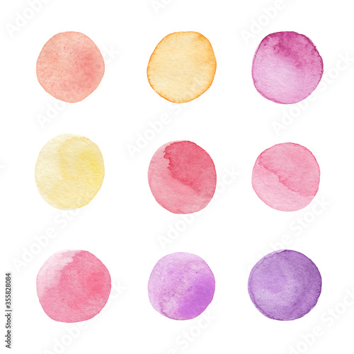 Set of colorful watercolor hand painted circle isolated on white. Watercolor illustration for art design. Round spots  drops of yellow  red and pink colors