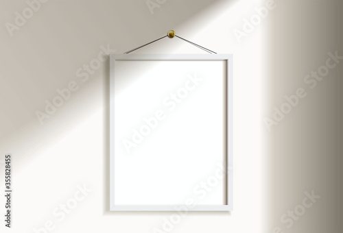 Minimal empty vertical white frame picture mock up hanging on white wall background with window light and shadow. isolate vector illustration.