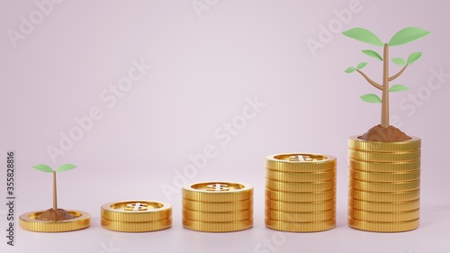 3D Render Money Tree bank growth concepts. Money coin stack growing plant for savings. Business Financial investmenmt concept,Step up Business growing concept