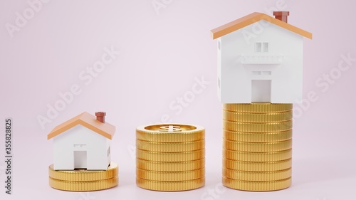 3d Render money home on golden coins with pastel background. Save money business finance for buy home. Investment property concept. 3d Render for advertisement growth business. Earning profit concept