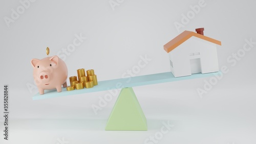 3d Render Piggy bank balance between house for finance concept. Compare piggy bank and house on the seesaw. Save money for investment concept. Less is more efficient saving. Investments growth concept
