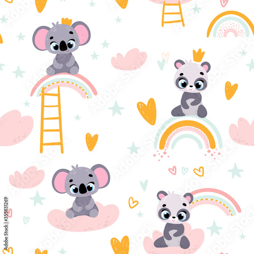 Vector pattern with cute animals and rainbow. Vector seamless pattern. Perfect for fabric  wallpaper  textile  wrapping paper or nursery decor