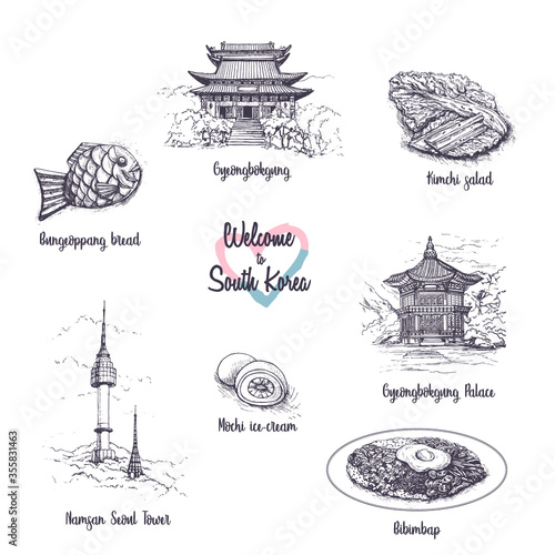 Illustration South Korea culture symbol set.Asian food, architecture sketch.Korean food doodle, kimchi soup, bibimbap, mochi. Seoul sightseeing.Vintage touristic postcard, poster or book illustration.