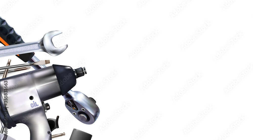Fototapeta premium 3d Composition of set tools of mechanic, isolated on white background. Copy-space