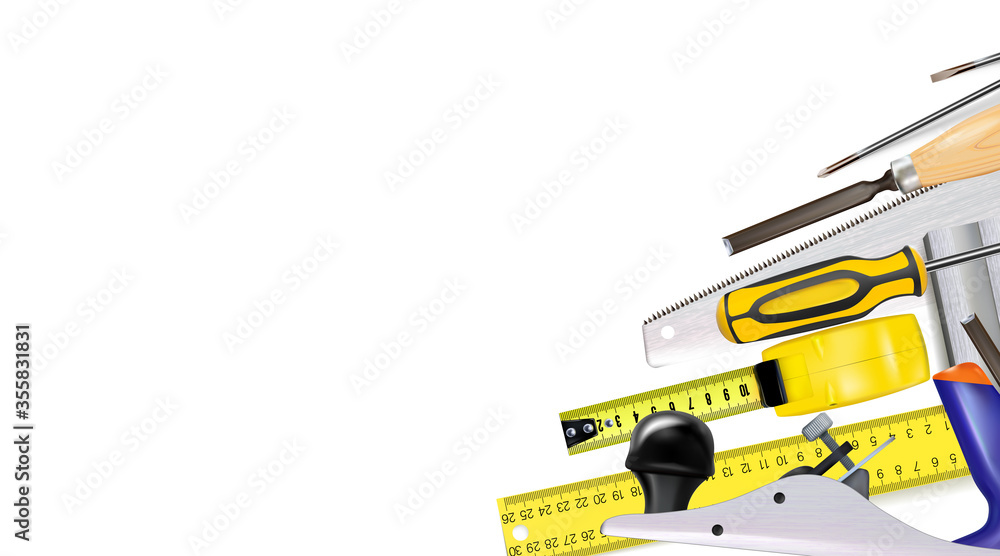 3d Composition of set tools of carpenter craft or construction isolated on white background. Copy-space 3d Composition of set tools of carpenter craft or construction isolated on white background. Copy-space